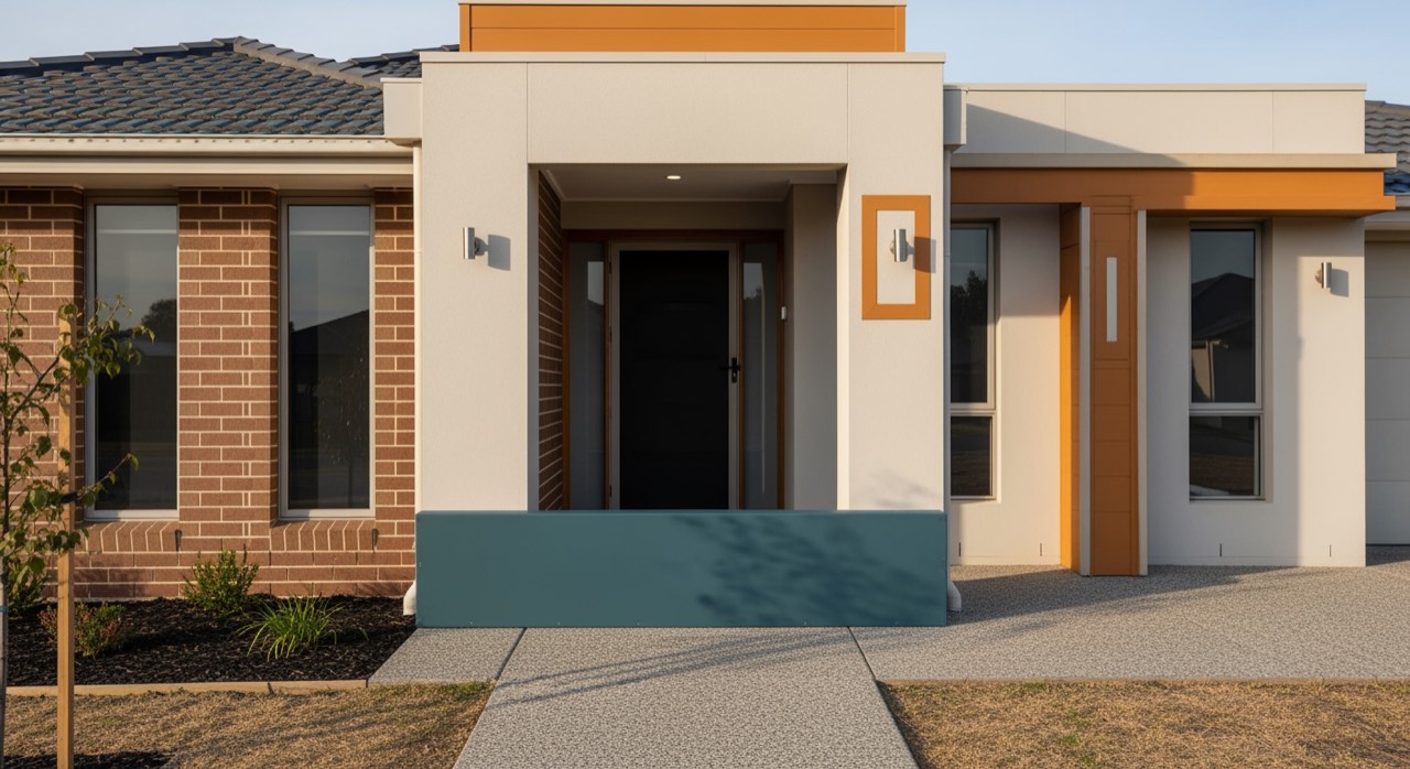 A modern Australian home doorway with a flood barrier fitted across the threshold