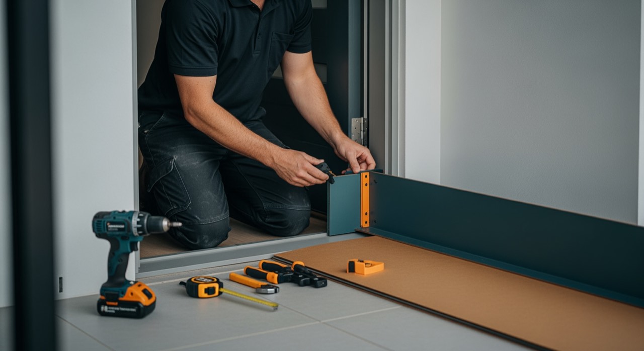 An installer fitting a flood barrier at an Australian home